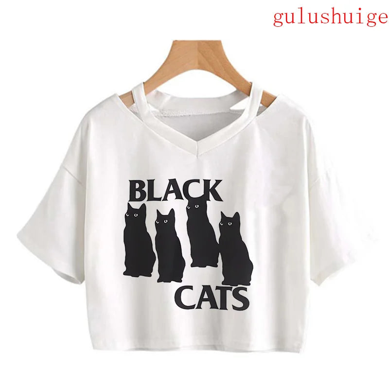 Y2k Crop Top Funny Cute Cat T Shirt Women Shirt Cropped Harajuku Graphic Ulzzang T-shirt 90s Tshirt Top Tee Female Gothic