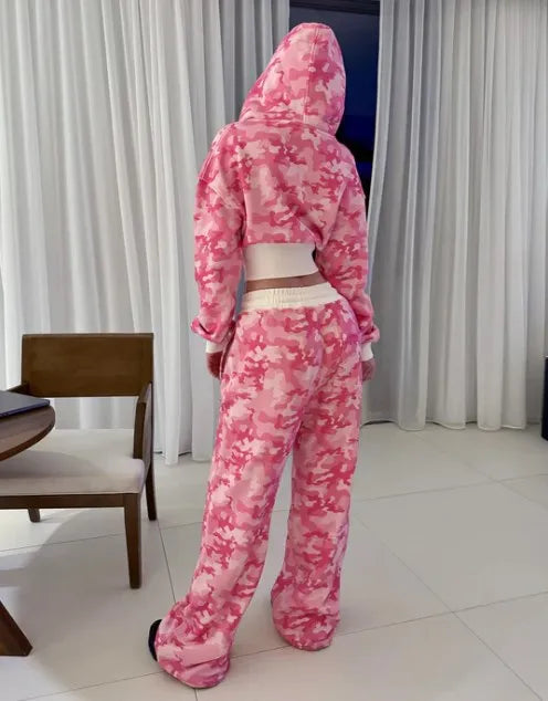 Women 2 Piece Sets Hooded Coat Straight Pants Camouflage Outfits Drawstring Zipper Jacket Tracksuit 2025 Streetwear Ensemble