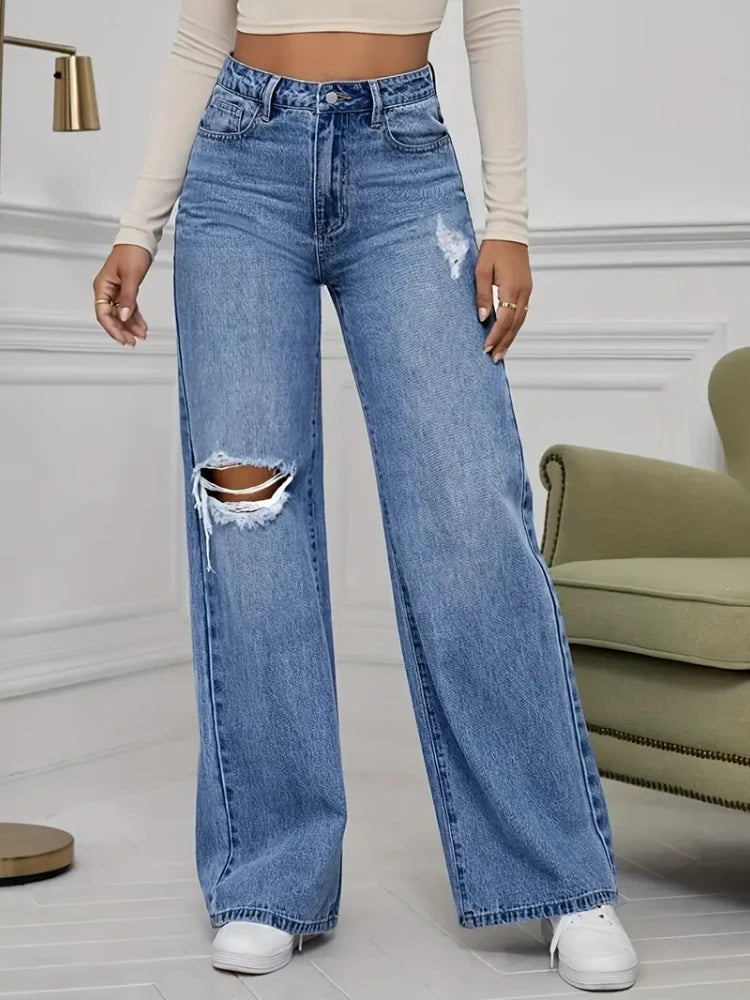 Denim Pants Women's Jeans Wide Leg Vintage Distressed Ripped Trousers 2026 Streetwear Washed Pockets Floor Length Hole Jeans