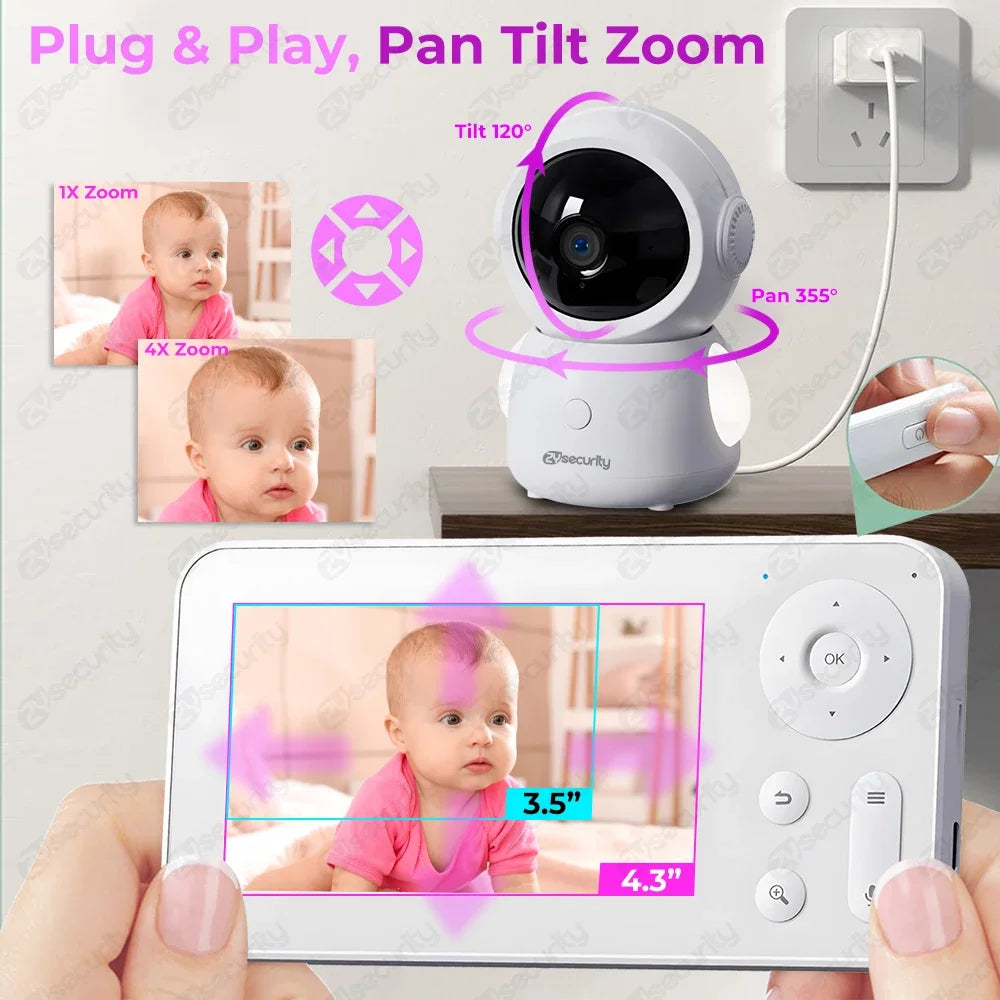 2K 3MP WiFi Baby Monitor with Two Camera Split-Screen Baby Phone via APP Control & 4.3" IPS Screen Auto Tracking PTZ Baby Camera