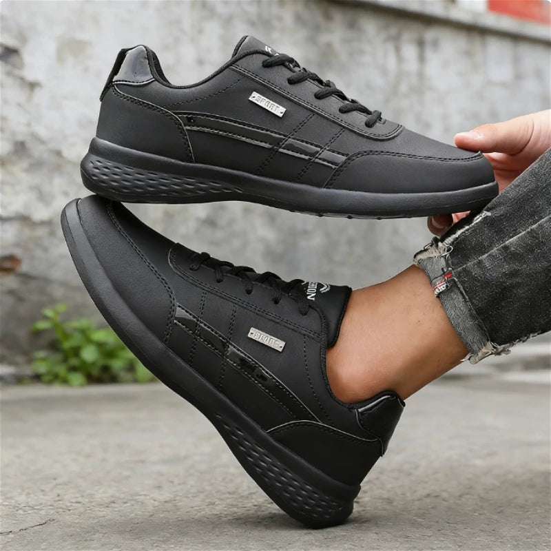 Trendy Men's Sneakers Fashion Non-slip All Black Leather Casual Shoe New Breathable Lightweight Daily Walking Trainers Men Shoes