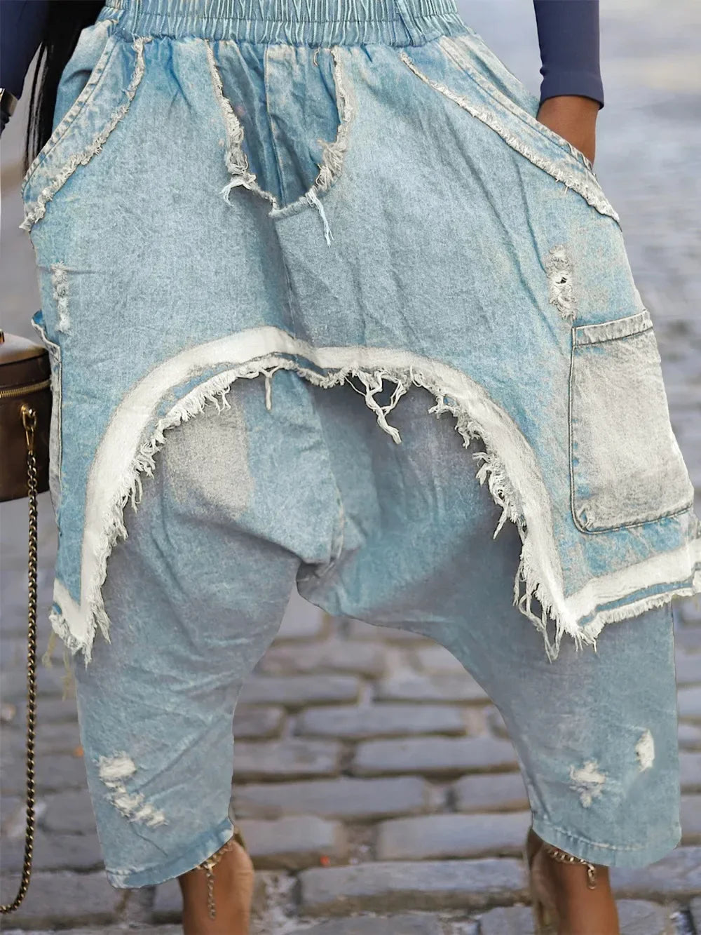 Women Jeans Harem Pants Hip Hop Punk Denim Pant Hole Elastic Waist Washed Distressed Pockets Streetwear 2025 Ripped Trousers