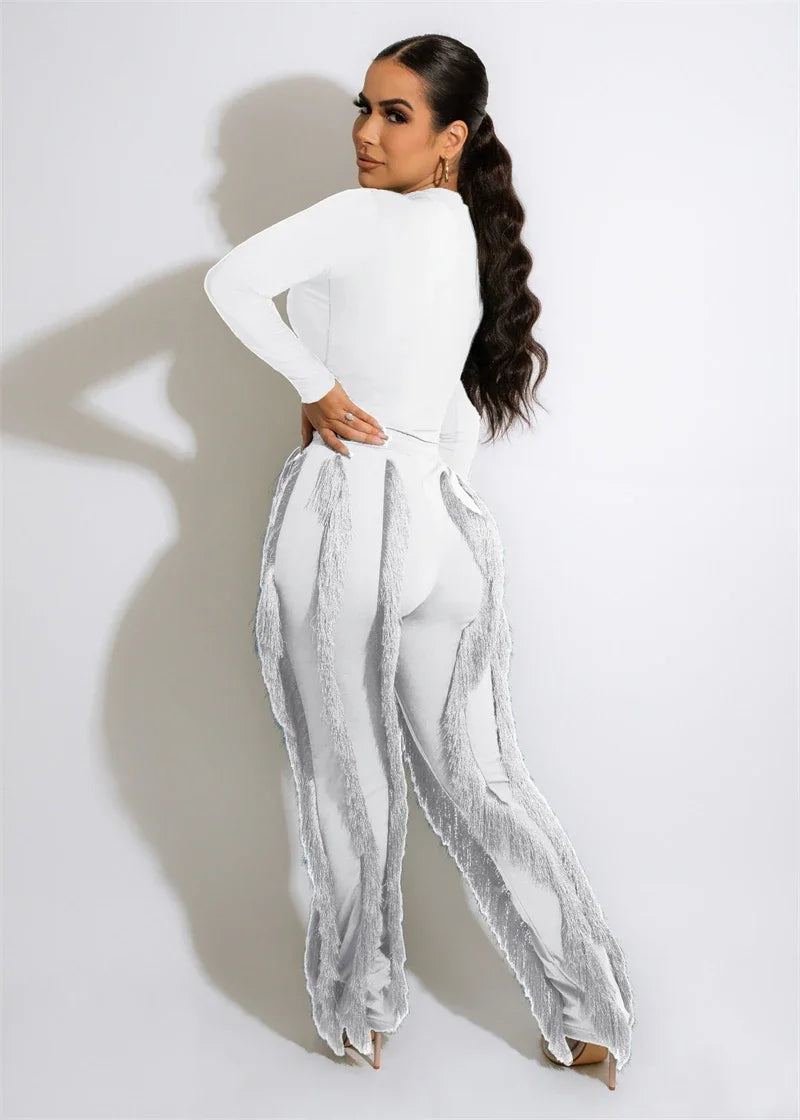 Elegant 2 Piece Sets Women Outfit 2025 Fall Winter Long Sleeve Bodysuit Top and Tassel Pants Matching Sets Ensembles Pantalons