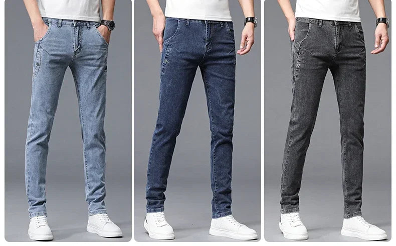 2024 New Men's Skinny Jeans Blue Gray Cotton Elasticity Straight Pencil Foot Slim Fit Fashionable Casual Denim Long Pants Male