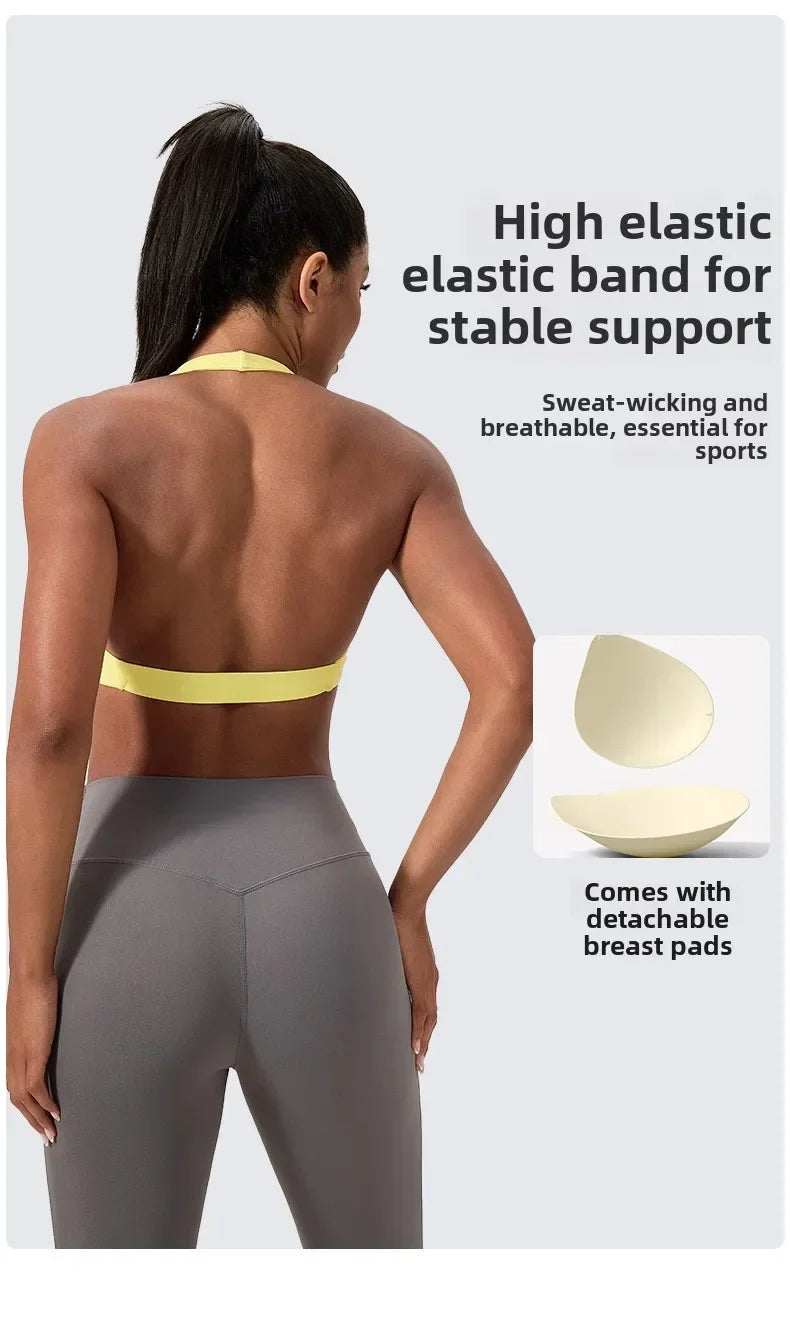 Strappy Bra for Women Open Back Halter Sports Bra Light Support Gym Crop Top Seamless Workout Yoga Top Bra Padded Bras