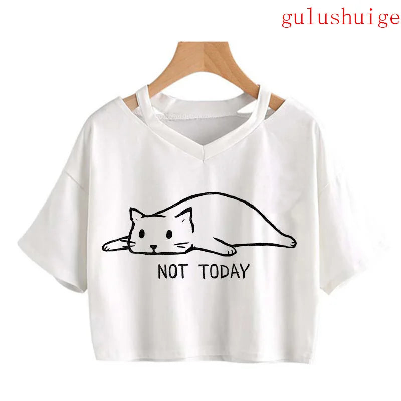 Y2k Crop Top Funny Cute Cat T Shirt Women Shirt Cropped Harajuku Graphic Ulzzang T-shirt 90s Tshirt Top Tee Female Gothic