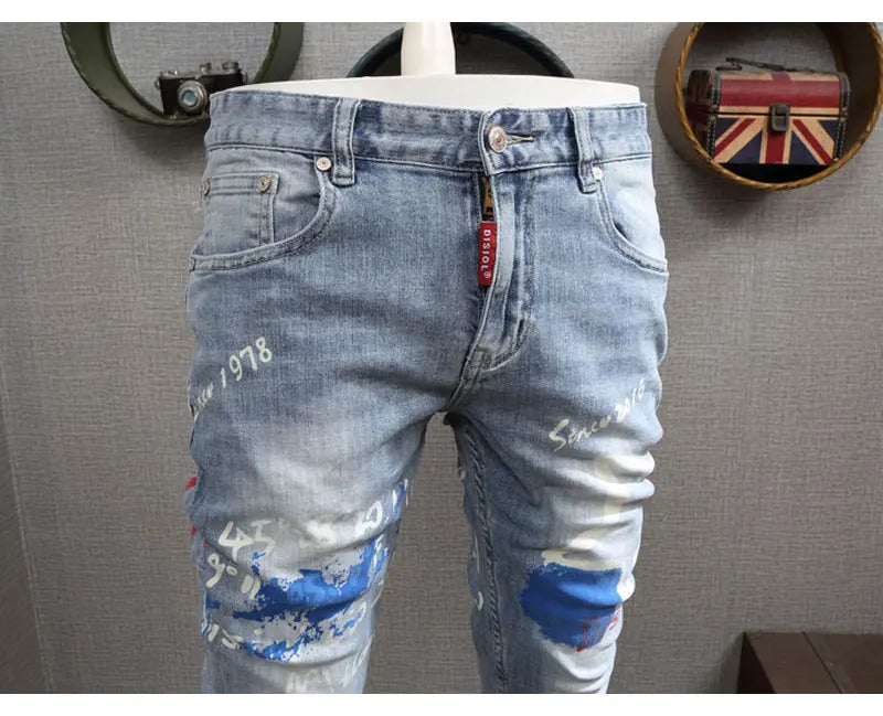 Designer Fashion New Men's Jeans Letter Printed Washed Nostalgic Stretch Slim Fit Retro Light Blue Jeans Hip Hop Brand High Qual