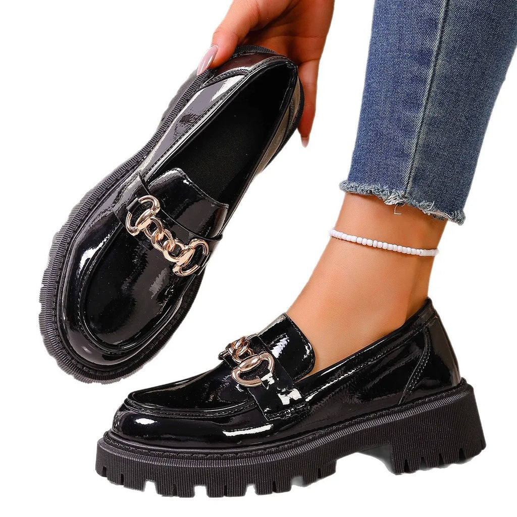 British Style Large Size Women's Shoes round Toe Thick Heel Slip-On Loafers Casual Comfortable Footwear for Daily Wear