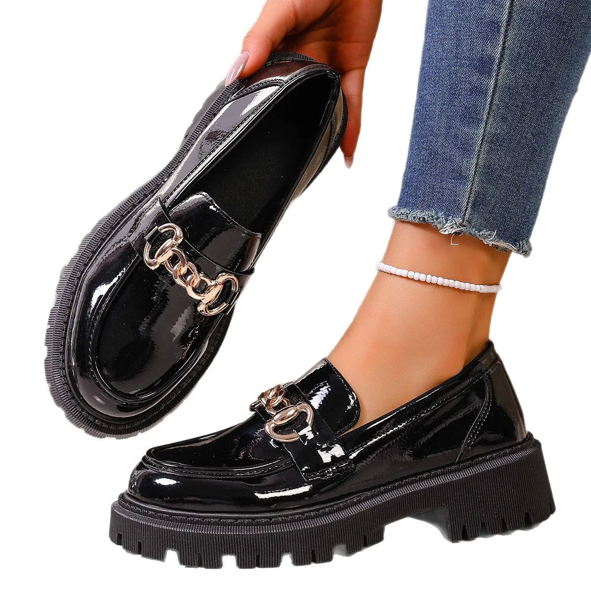British Style Large Size Women's Shoes round Toe Thick Heel Slip-On Loafers Casual Comfortable Footwear for Daily Wear