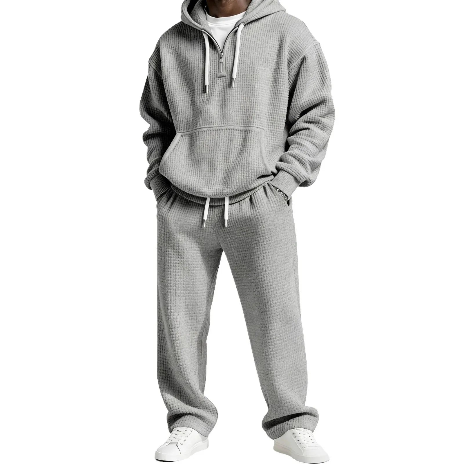 Autumn and Winter Waffle Hooded Sweatshirt Sweatpants Set 3D Printed Casual Sports Suit Men