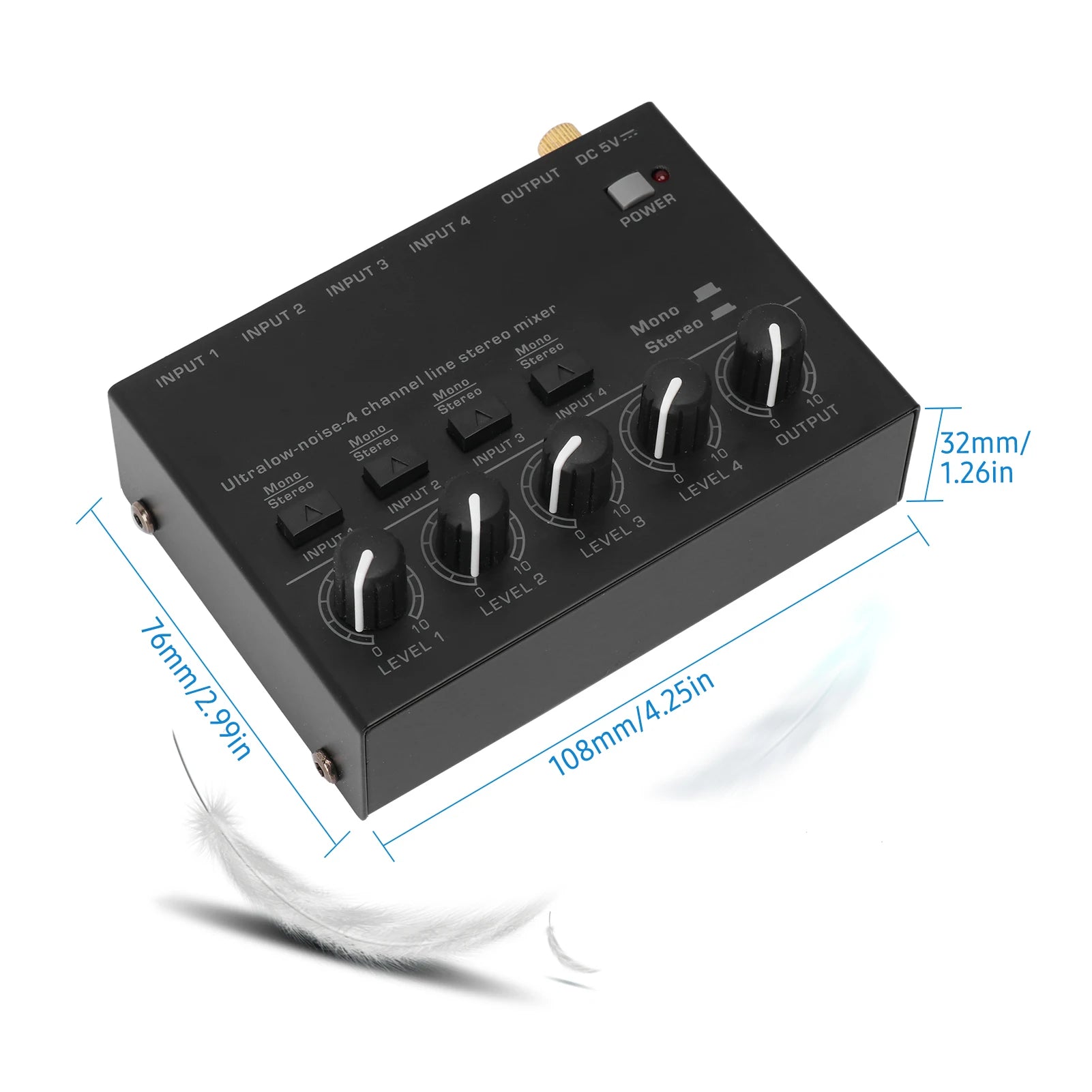 Ultra Low Noise 4 Channel Line Stereo Mixer 4 Input 1 Output DC 5V Mini Audio Mixer Microphone Guitar Bass Keyboard Mixers