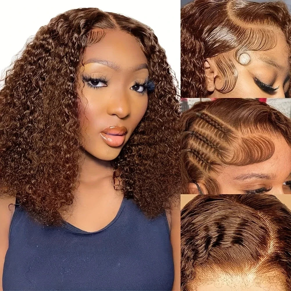 Kinky Curly Brown Deep Wave Short Bob Wig 13x4 Chocolate Bob Wig 16Inch  Brazilian HD Transparent Lace Human Hair Short Wig