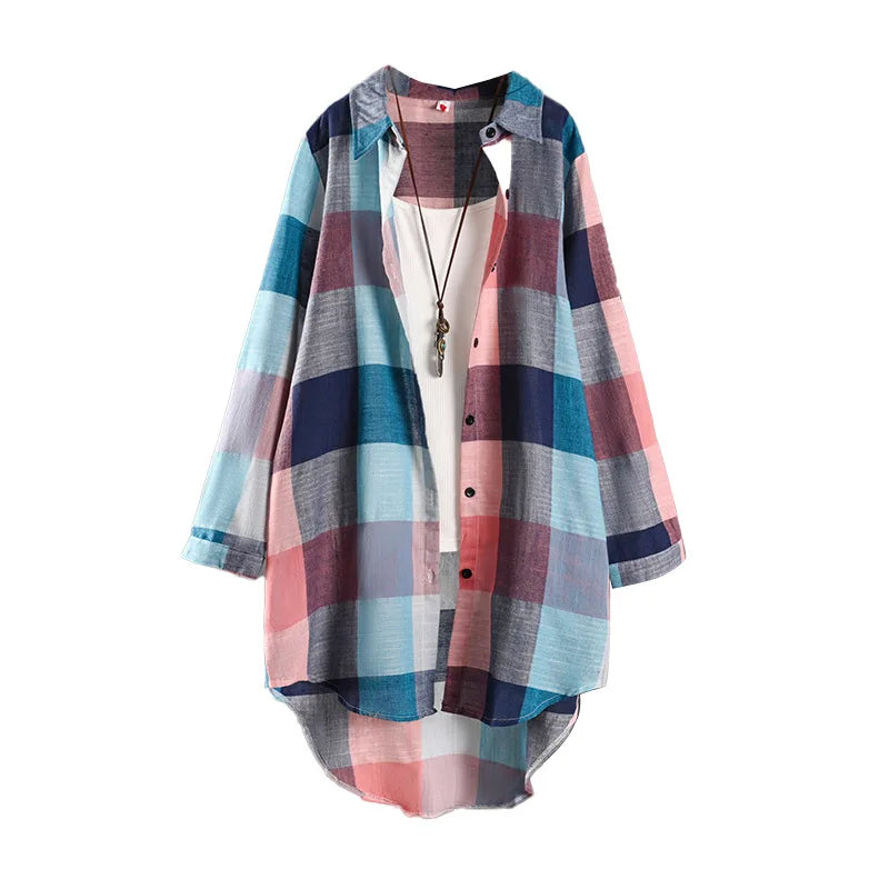 Women's Plaid Shirt Casual Blouses Woman Tops for Women Long Sleeve Long Sleeve Shirts Chic Blouse Check Linen Cotton Clothing