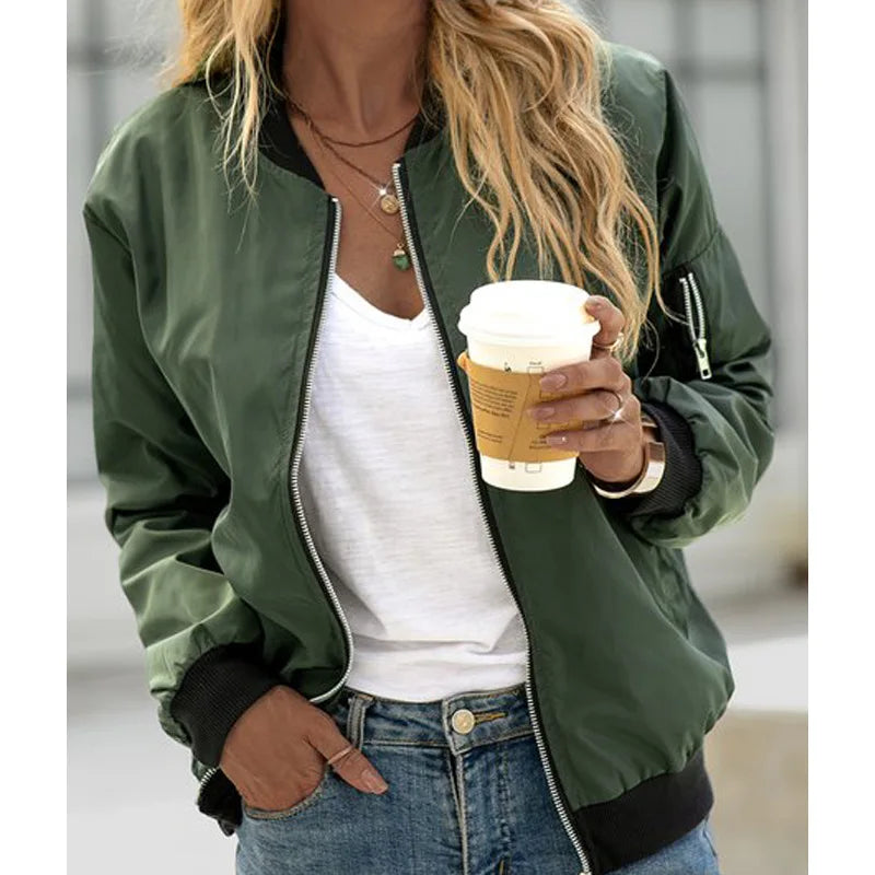 Women Bomber Casual Jacket 2025 Spring Autumn Solid Color Spring Coat Long Sleeve Stand Collar Zipper Basic Motorcycle Jackets