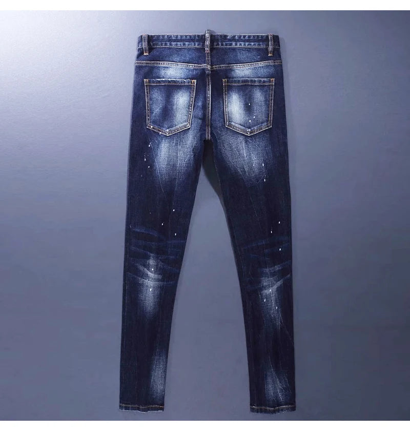 Designer Fashion Men Jeans High Quality Retro Blue Stretch Slim Fit Painted Ripped Jeans Men Brand Vintage Denim Pants Hombre