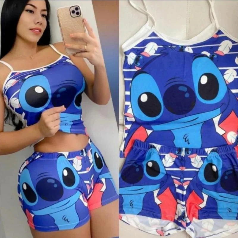 2Pcs Disney Stitch T-Shirt Short-Sleeved Set Summer Cartoon New Kawaii Yoga Suit Sports Shorts Sexy Suspender Pajamas Homewear