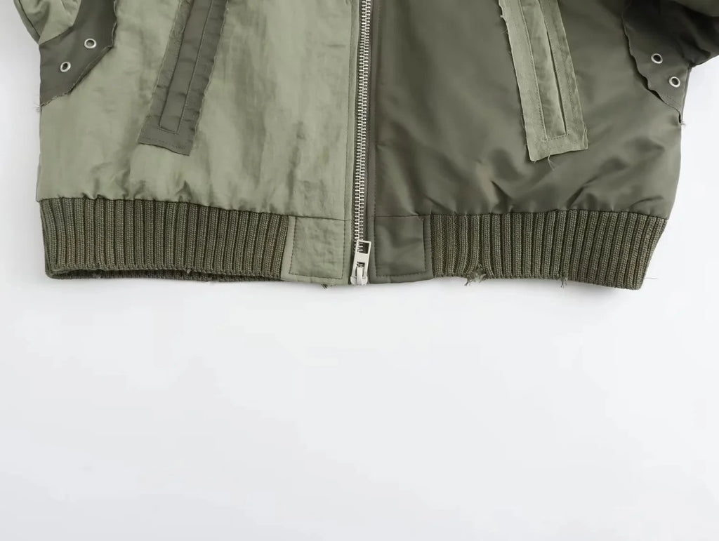 Streetwear Armygreen Bomber Jackets Women Patchwork Zipper Pockets Oversized Jackets Fashion 2025 Winter Autumn Coats