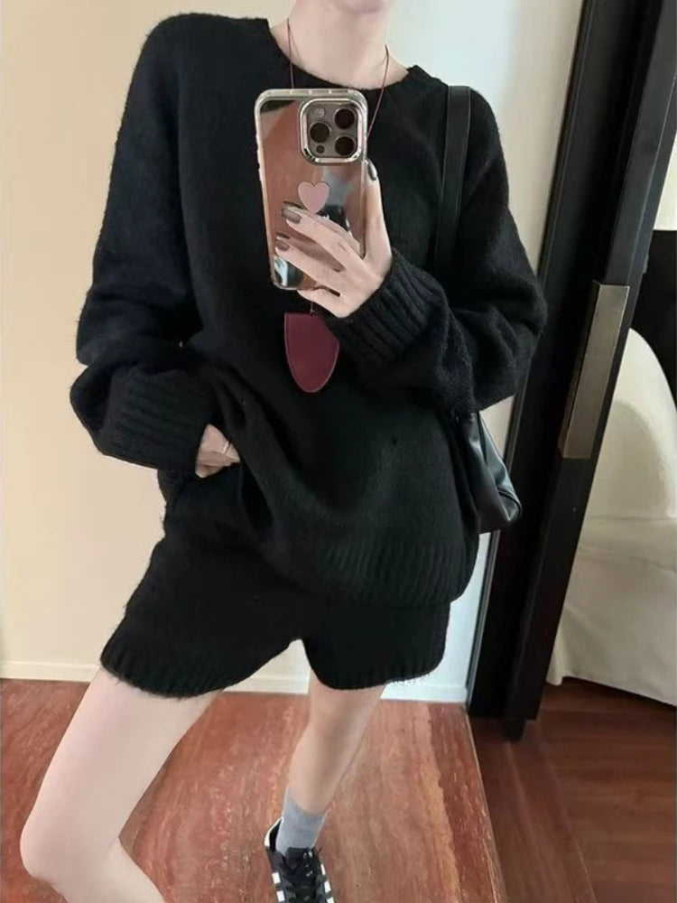 Women Oversized Grey Knit Co-ord Set Autumn Winter Soft Loungewear Minimalist Relaxed Fit Sweater & Shorts 2PCS Outfit Suit