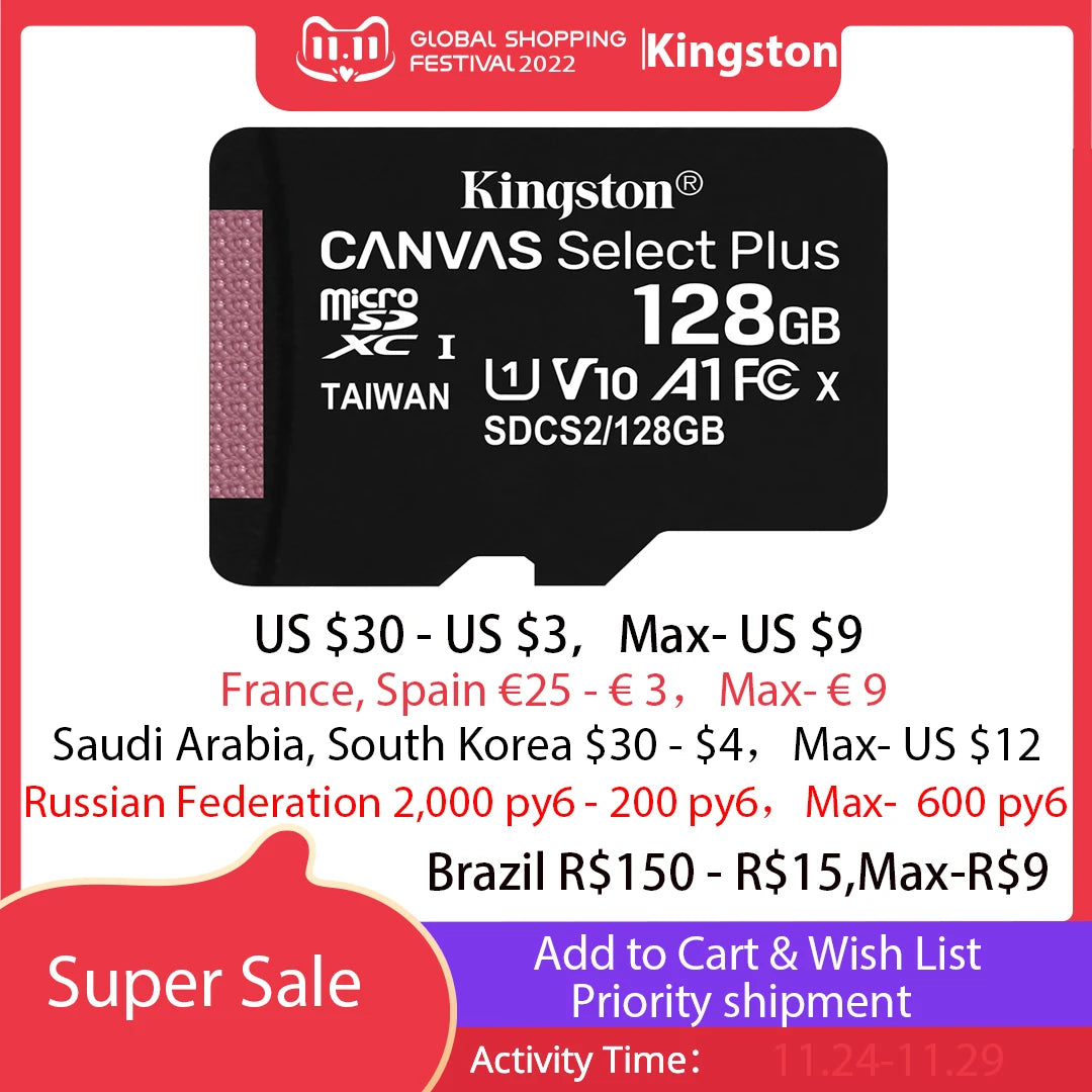Kingston Memory Card 128GB 32GB Micro SD TF 64GB 256GB MicroSD SDCS2 100MB/S Reading Speed Class 10 Flash Card SD