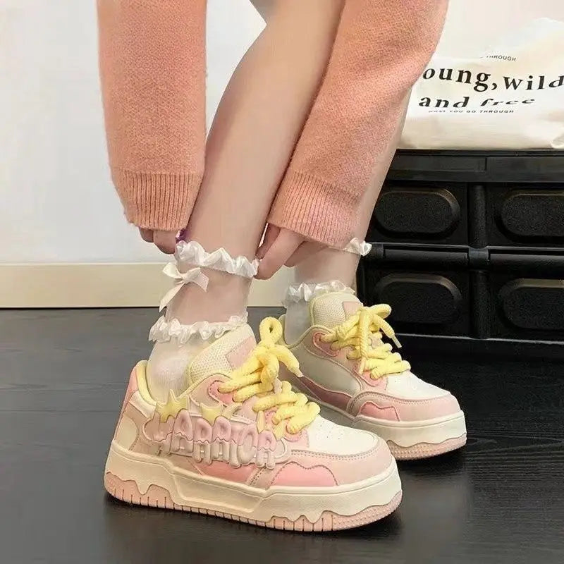 2025 Sweet Platform Shoes Chunky Sneakers for Women Faux Leather Aesthetic Shoes Alphabet Elements Thick Trainers Blue Sneakers