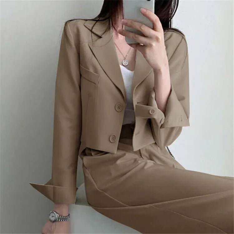 Suit Coat 2 Piece Set Women Blazer Jacket Straight Pants Ensemble Single Breasted Turn Down Collar Trousers Office Lady Outfits