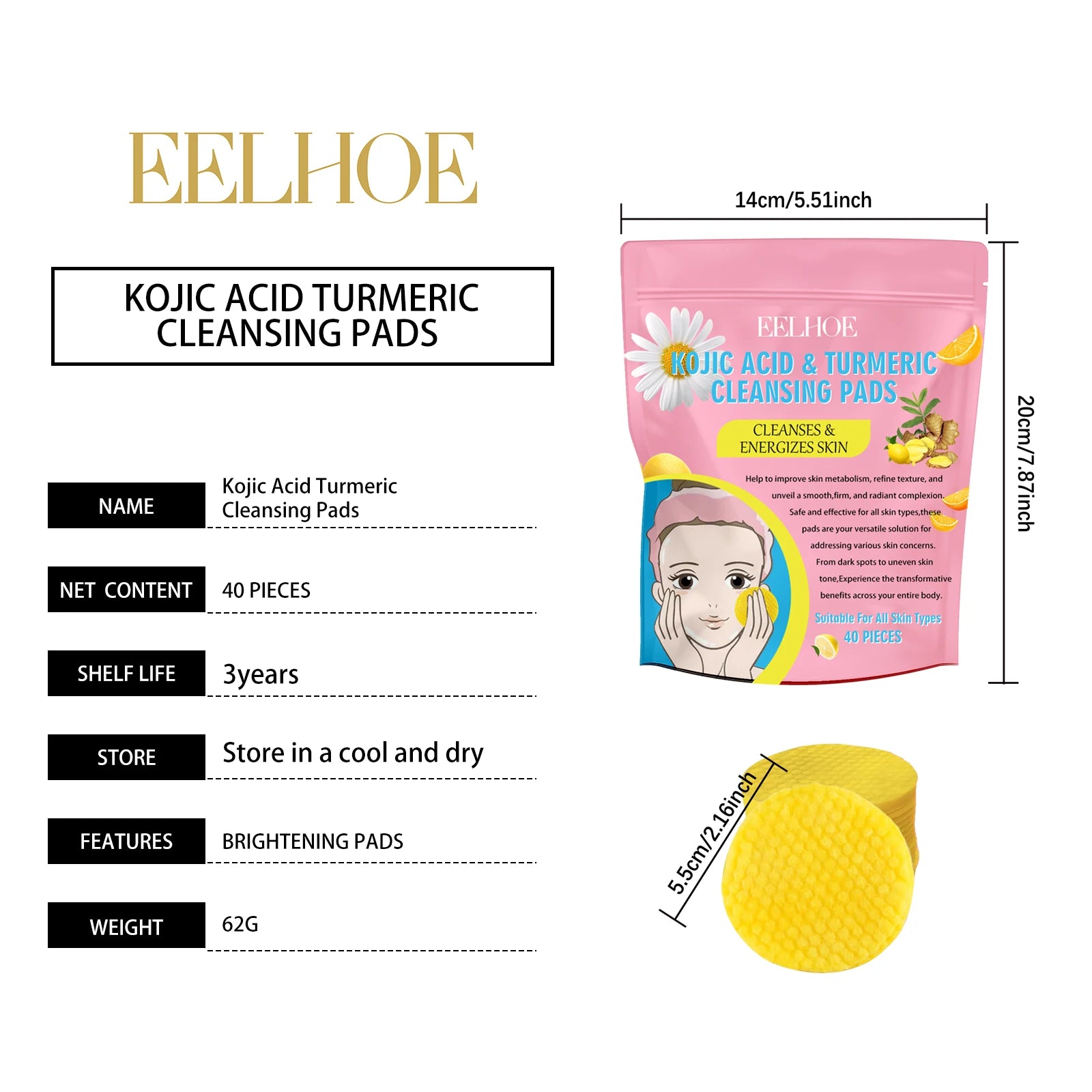 Turmeric Kojic Acid Cleansing Pad Gently Exfoliates Removal Deeply Cleanses Skin Whitens And Lightens Spots Maintains FacialCare