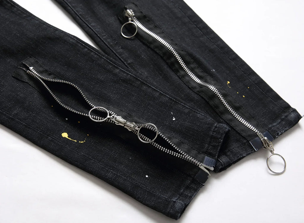 Men Black Ripped Denim Jeans Italian High Street Style Holes Jeans Denim Pants High Quality Male Slim Fit Denim Trousers Size 38