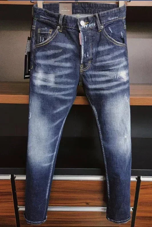 Men Ripped Skinny Denim Jeans Blue Holes Jeans Italian Style Stretch Denim Pants High Quality Male Slim Fit Denim Trousers  38