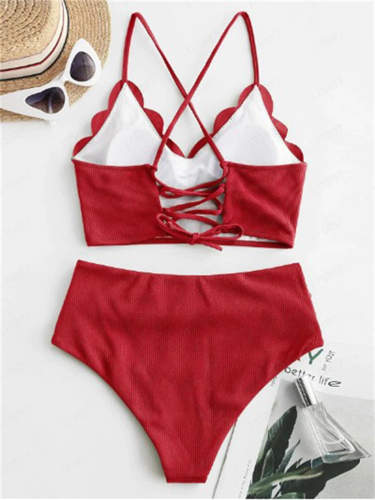 Bikini Women Swimsuit 2026 New Solid Ribbed Sling Bikinis Set Sexy High Waist Swimwear Summer 2 Piece Beach Bathing Suit Female
