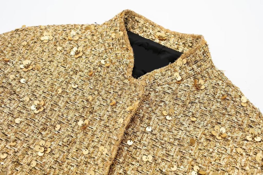 Women's Sequined Bomber Jacket Fall New Round Neck Long Sleeve Pocket Stretch Hem Sequins Jacket Coat Female Chic Outerwear