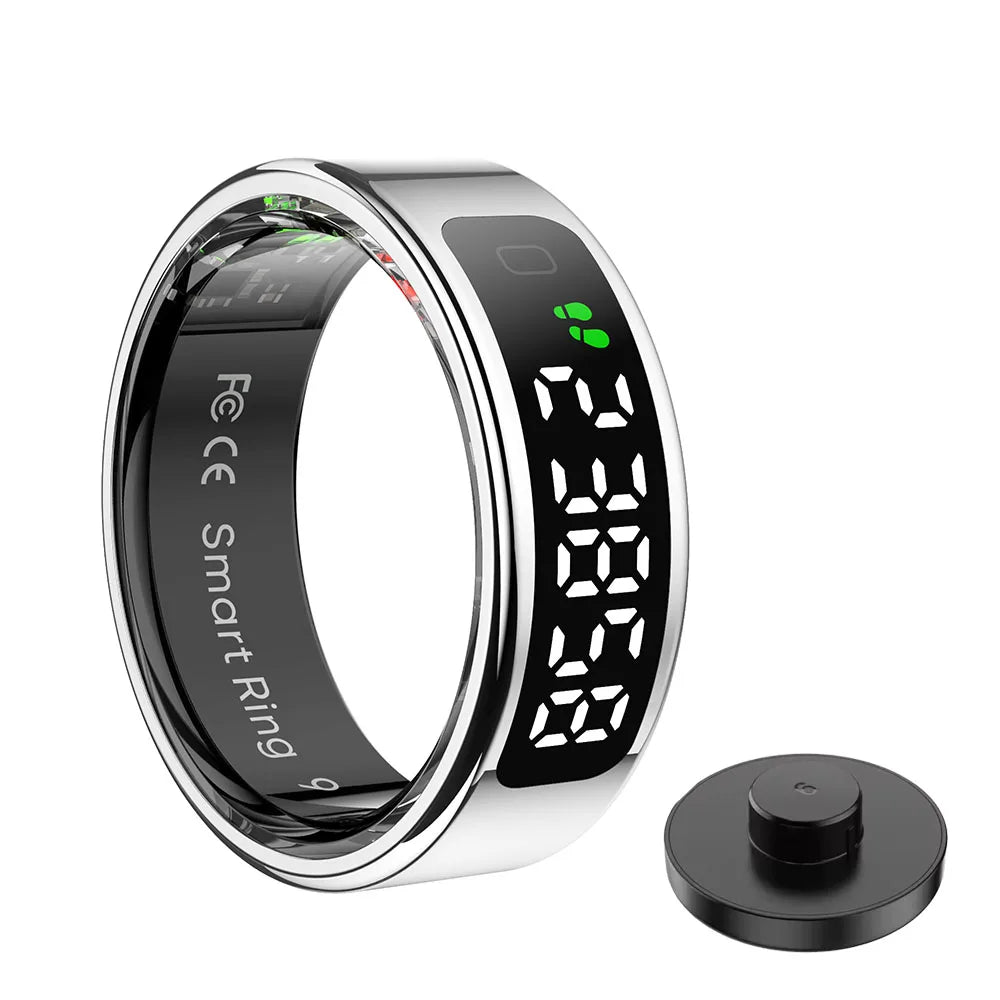 New Smart Ring Touch Screen Health Manager Heart Rate/Blood Oxygen Monitor Wireless Charging IP68 5ATM Waterproof for Universal