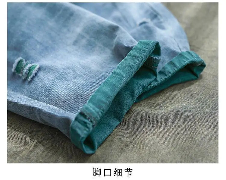 Nine Point ripped Jeans For women Summer 2025 new Loose Thin Elastic waist Casual Harem pants Female denim Ankle Length pants