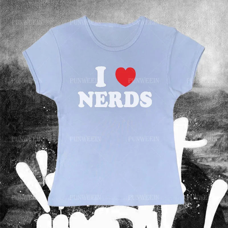 y2k Girls Summer vintage Crop Tops Harajuku Punk I love Nerds Graphics Women T Shirt Short Sleeve Streetwear Sexy Slim Baby tees