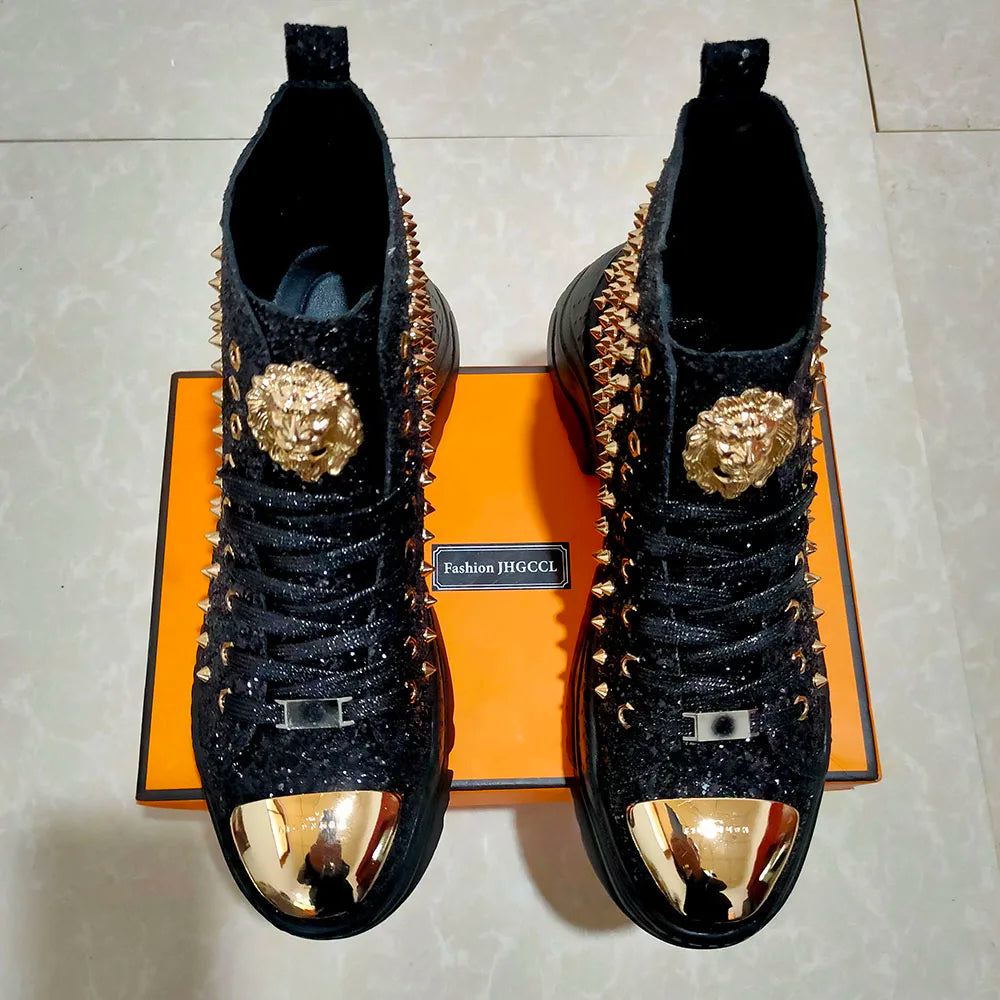 Luxury rivet Boots Men's shoes designer sneakers me n punk high tops gold red light bottom Casual Platfo A7
