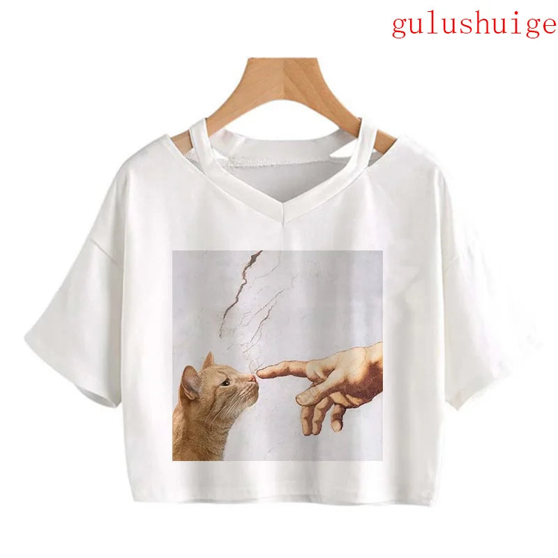Y2k Crop Top Funny Cute Cat T Shirt Women Shirt Cropped Harajuku Graphic Ulzzang T-shirt 90s Tshirt Top Tee Female Gothic