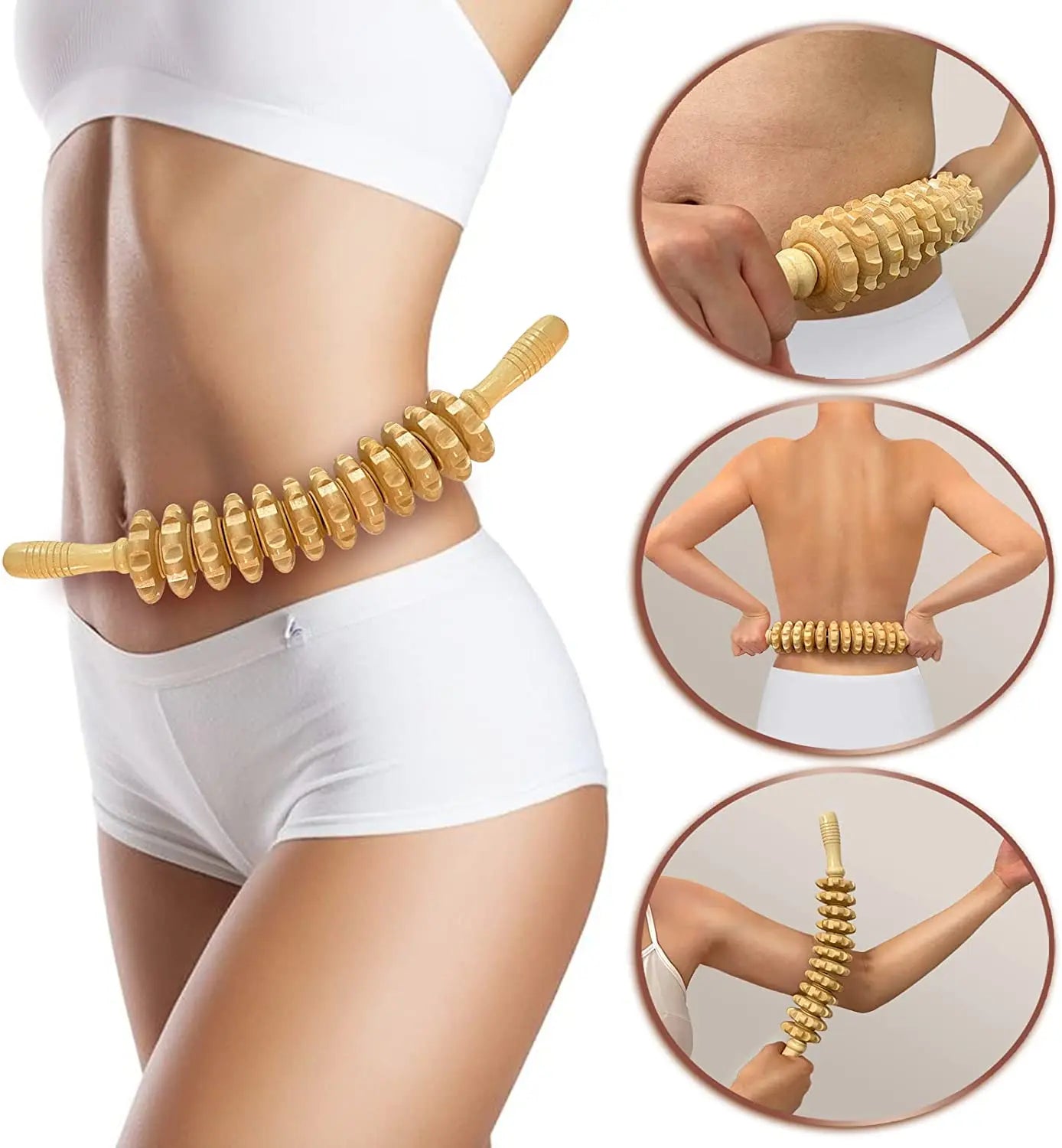Body Fascia Massager Anti-slip Handle Wood Grooved Gear Arms Legs Thighs Buttocks Smooth Roller Massager for Back Relaxation