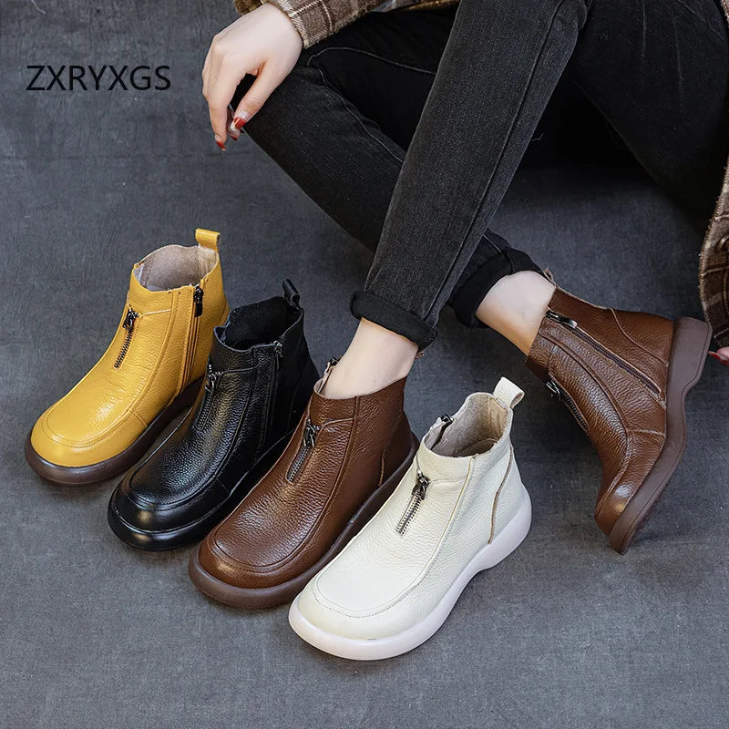 ZXRYXGS 2025 Autumn Winter Boots Women's Genuine Leather Boots Flat Heel Soft Sole Non-Slip Comfortable Short Boots Trendy Shoes
