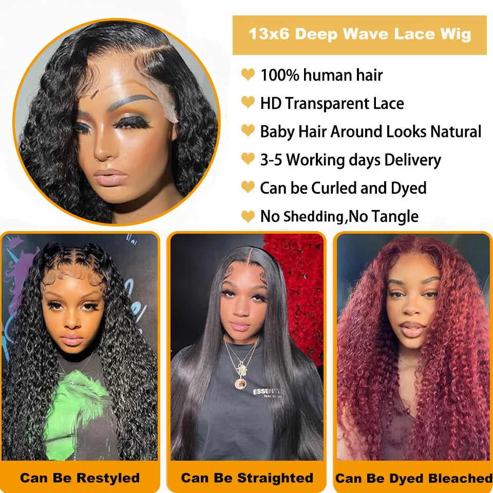 Deep Wave Lace Front Wigs Human Hair 200% Density 13x6 HD Lace Front Wigs Human Hair Pre Plucked Deep Curly Wig for Women