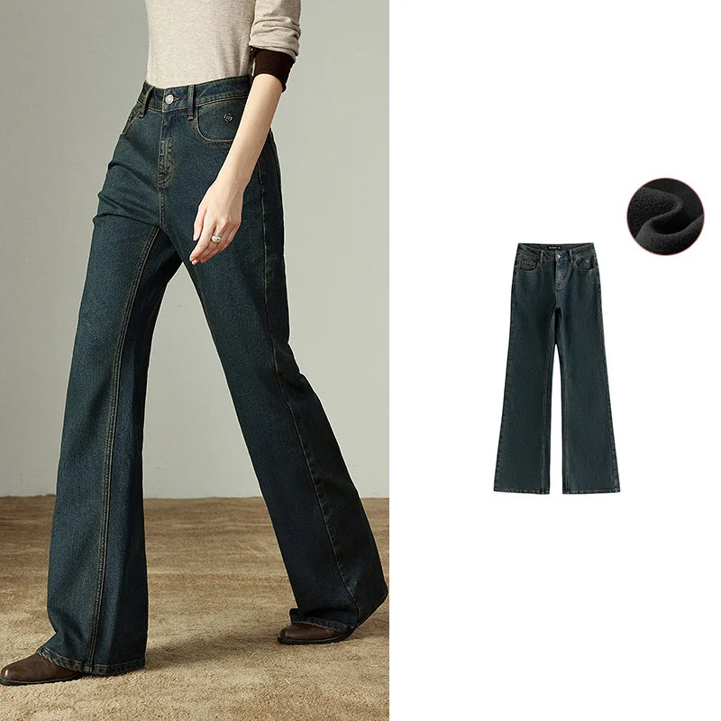 TOYOUTH Women Stretch Jeans 2025 Winter New Slightly Flared Mid-low Waist Slim Fitting Slimming Warm Fleece-lined Long Pants