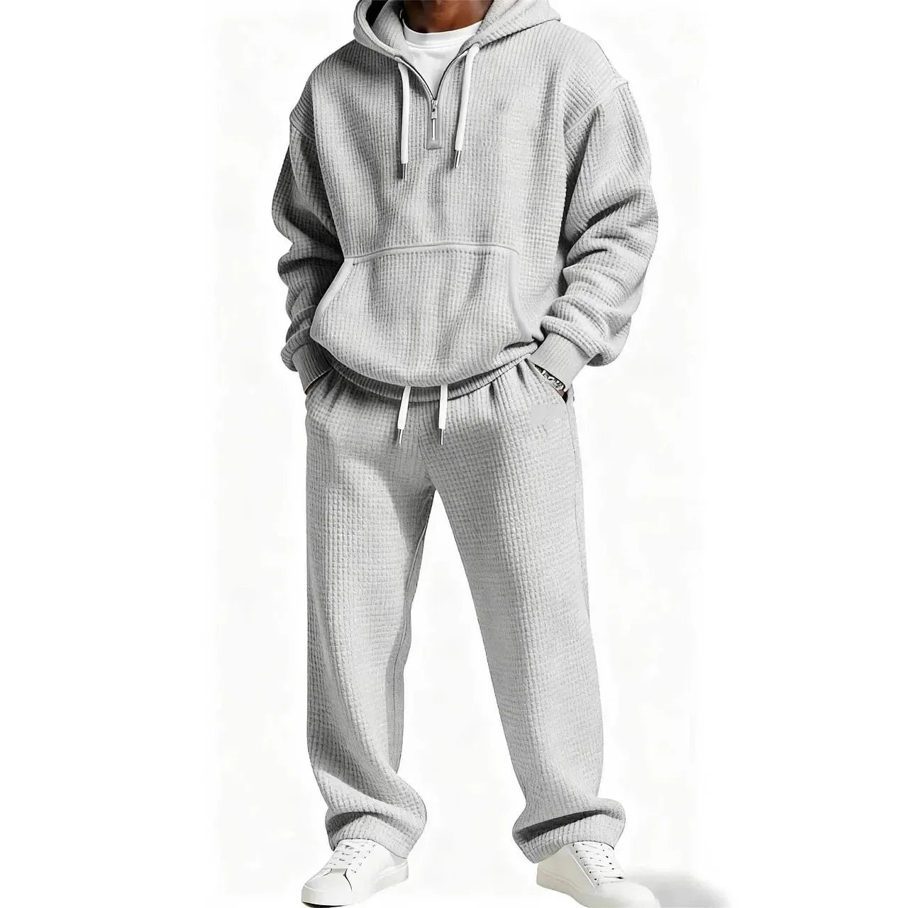 Autumn and Winter Waffle Hooded Sweatshirt Sweatpants Set 3D Printed Casual Sports Suit Men