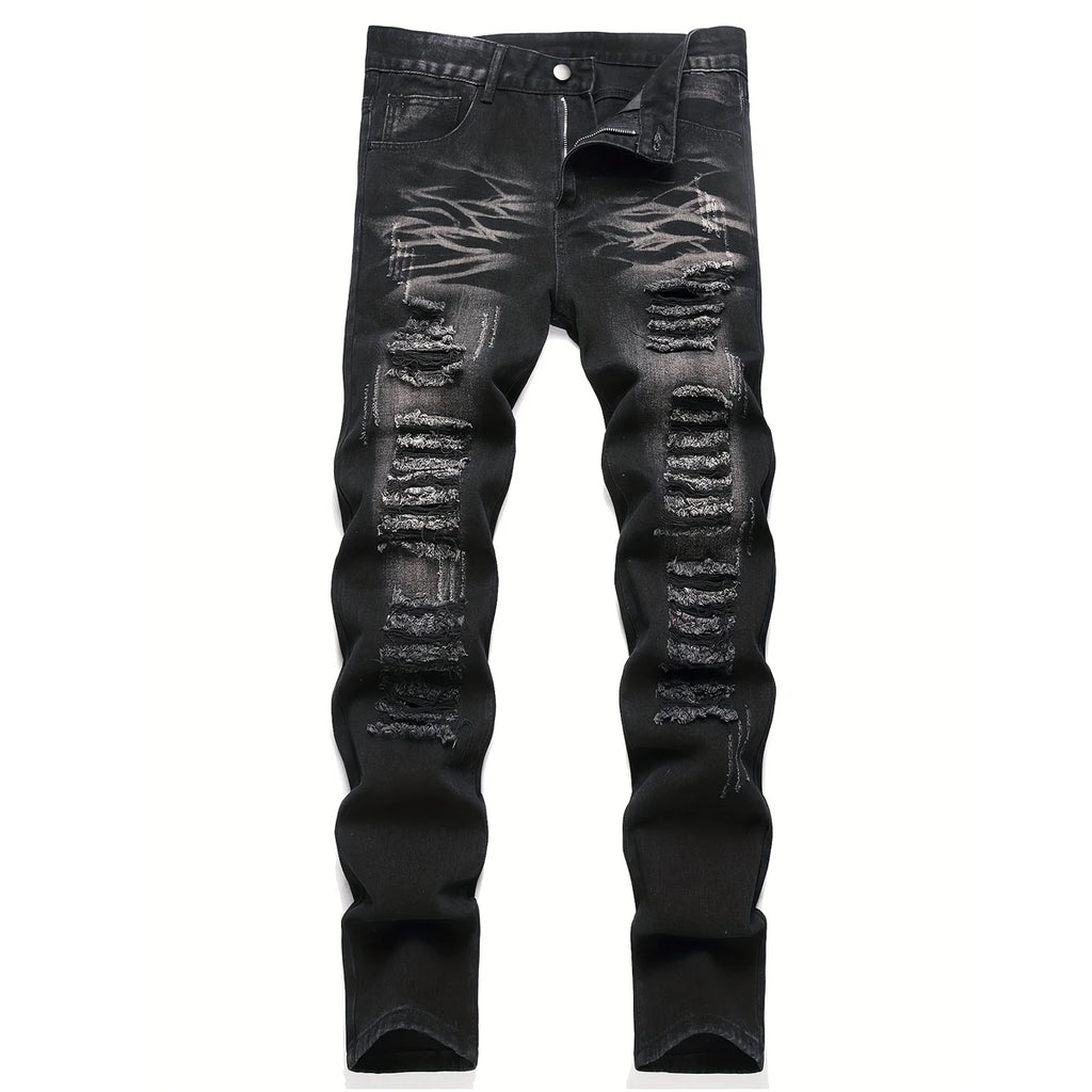Men’s trendy streetwear: black ripped straight-leg jeans – an excellent gift for husbands or boyfriends.