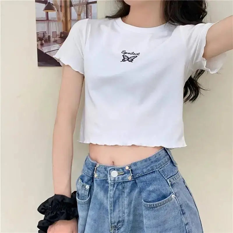 Y2K Crop Top T-shirt Women O-neck High Waist Slim Crop Top Butterfly Embroidered Short-Sleeved Tee Shirt T-shirts  Woman Clothes