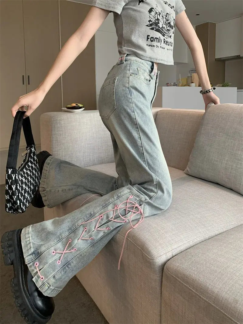 Y2k Pink Fashionable Lace-up Flared Jeans Autumn New High Waist Bootcut Denim Pants Female Clothing Korean Slim Vintage Trousers