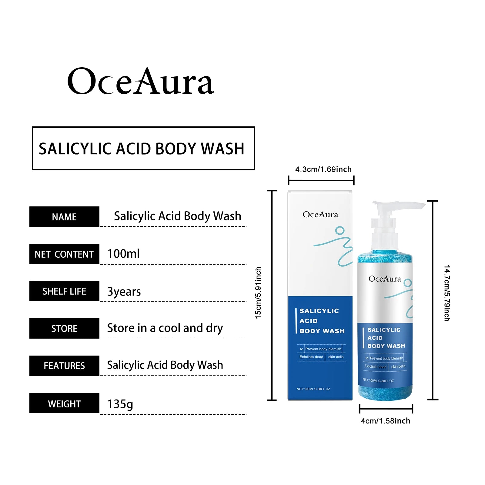 Salicylic Acid Exfoliat Shower Gel Long Moisturizing Smooth Remove Skin Dirt Gentle Foam Body Cleanse Bath Product 100ml Nourish
