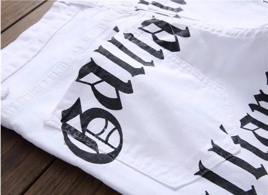 New Men Jeans Slim Fit Biker White Jeans Trousers Skinny Jeans Punk Letter Printing Denim Pants Plus Size 42 Dropshipping