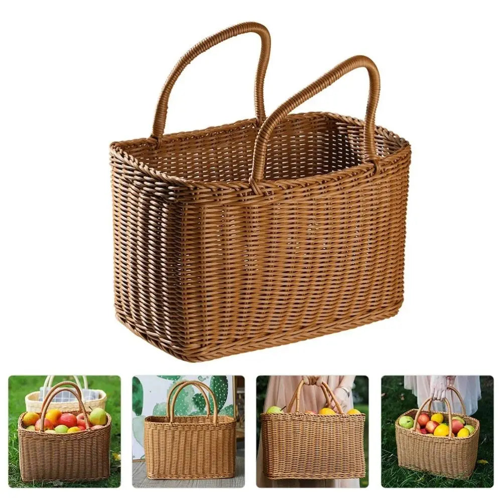 Home Storage Organizer Rattan Woven Basket With Handle Rectangular Picnic Basket Handwoven Portable Flower Basket Fruit