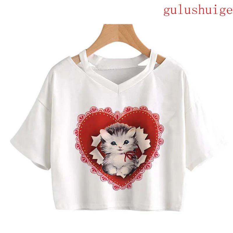 Y2k Crop Top Funny Cute Cat T Shirt Women Shirt Cropped Harajuku Graphic Ulzzang T-shirt 90s Tshirt Top Tee Female Gothic