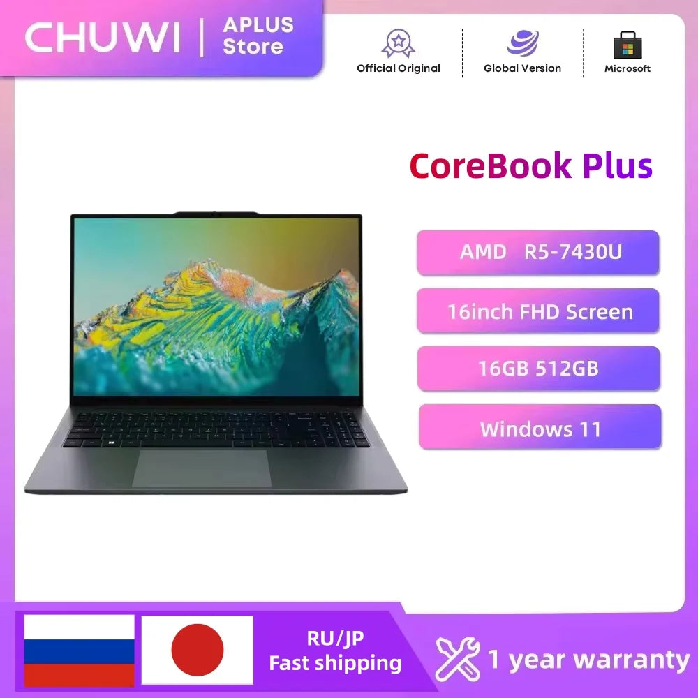 CHUWI CoreBook Plus Laptop AMD R5-7430U 6 Cores Gaming Laptop 16GB RAM 512GB SSD16 inch Large FHD Screen Notebook Windows 11
