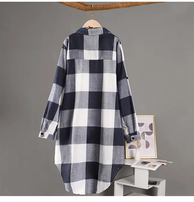 Women's Plaid Shirt Casual Blouses Woman Tops for Women Long Sleeve Long Sleeve Shirts Chic Blouse Check Linen Cotton Clothing