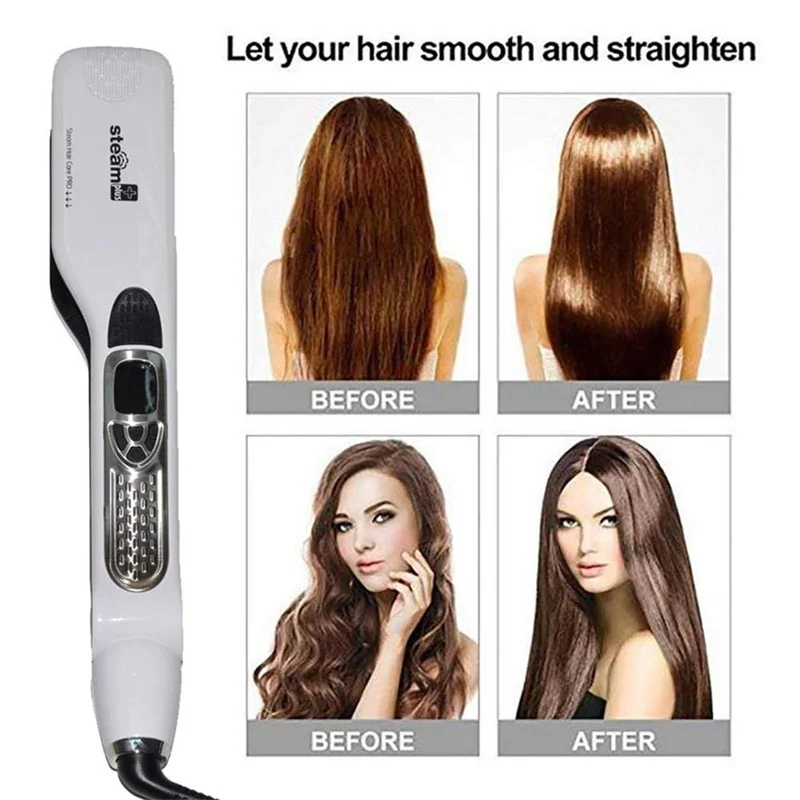Professional Salon Steam Hair Straightener Nano Titanium  Steam Flat Iron + Removable Comb EU Plug Black